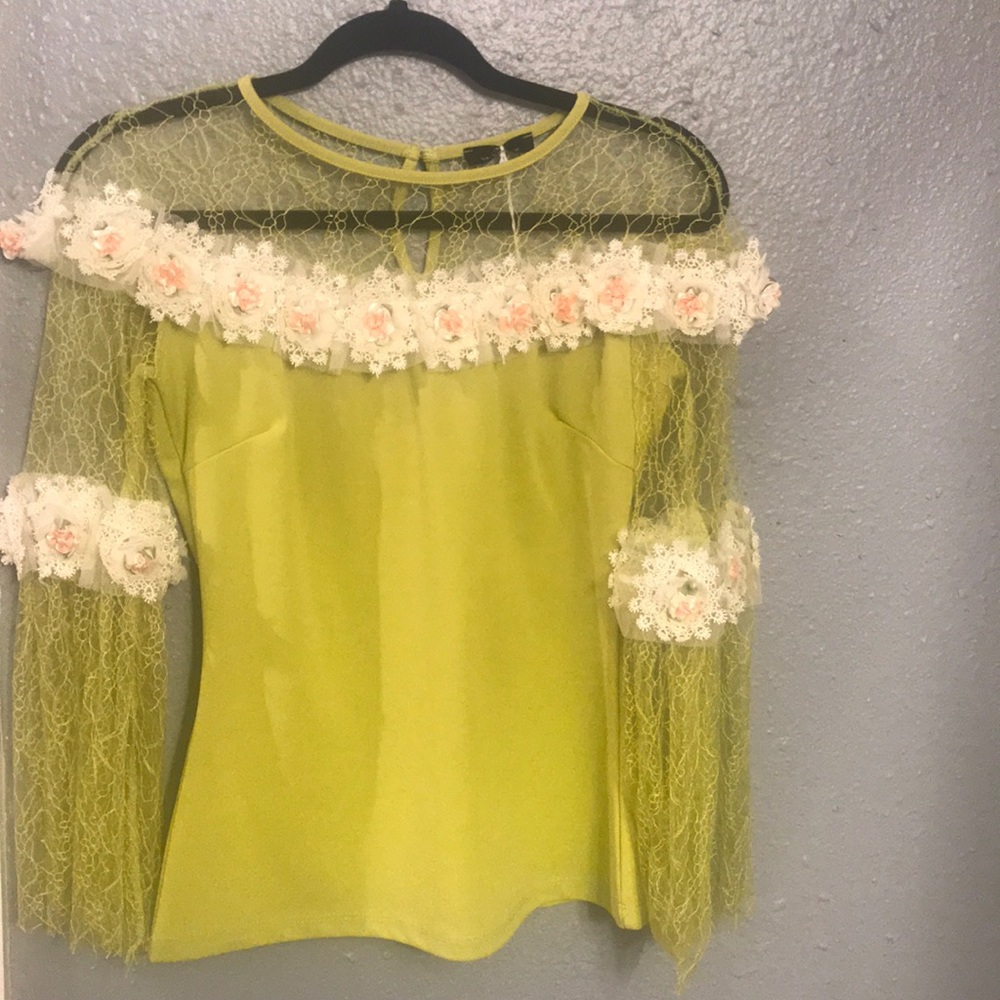 Lime green blouse with flowers sleeves
